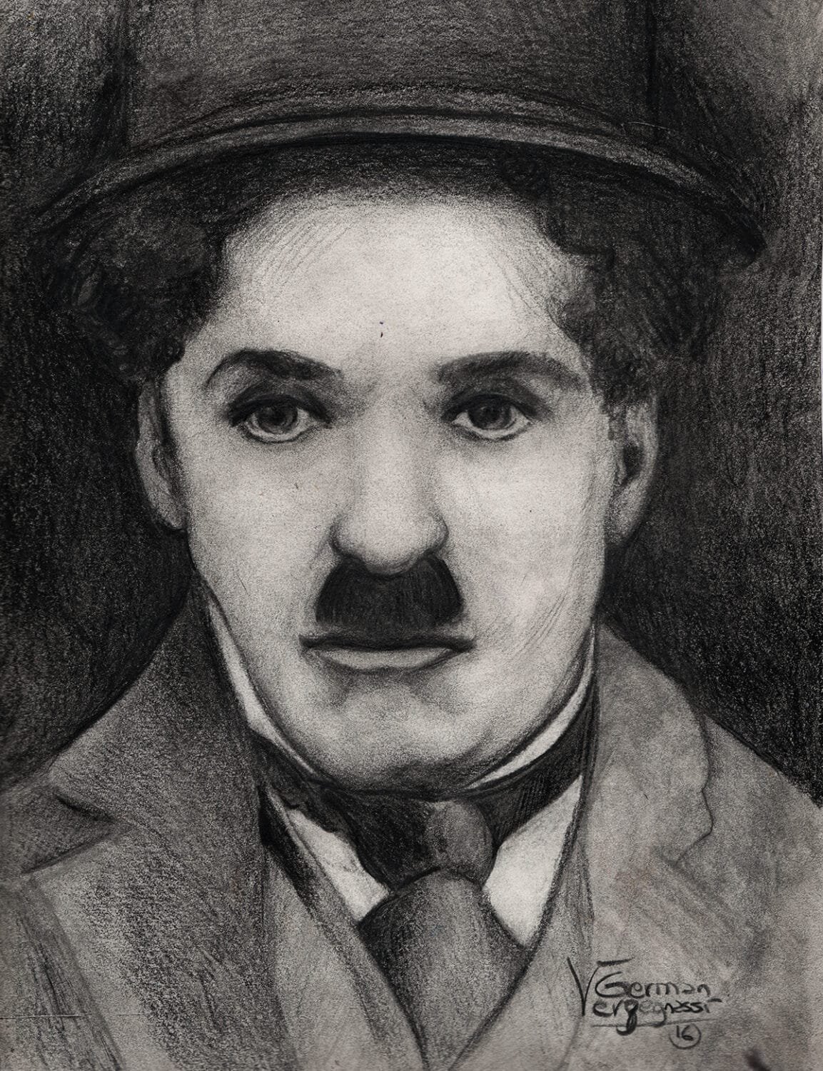 ste retrato de Charlie Chaplin es una de mis obras favoritas. Lo dibujé a lápiz, trabajando con técnicas de sombreado y texturizado para captar la esencia del icónico actor del cine mudo. Elementos Principales: Sujeto: Charlie Chaplin, conocido por su personaje "The Tramp", con su distintivo bigote, sombrero y vestimenta. Técnica: Usé lápiz para crear profundidad y realismo, enfocándome en las sombras y texturas. Sombrado y Textura: Sombrado: Trabajé en los contrastes entre las áreas oscuras y claras. Textura: Diferencié las superficies del cabello y la ropa. Estilo y Técnica: Detalles Faciales: Intenté capturar la expresión seria y contemplativa de Chaplin, enfocándome en sus ojos, nariz y boca. Vestimenta: Representé su sombrero y abrigo, prestando atención a los pliegues y la forma. Firma: Firmé el dibujo como "German Veryegnassi 16". Simbolismo: Charlie Chaplin: Chaplin es un símbolo del cine mudo y su influencia perdurable. Su personaje "The Tramp" representa la resistencia y el ingenio humano. Expresión: La expresión seria de Chaplin busca reflejar su impacto y legado en el cine y la comedia.