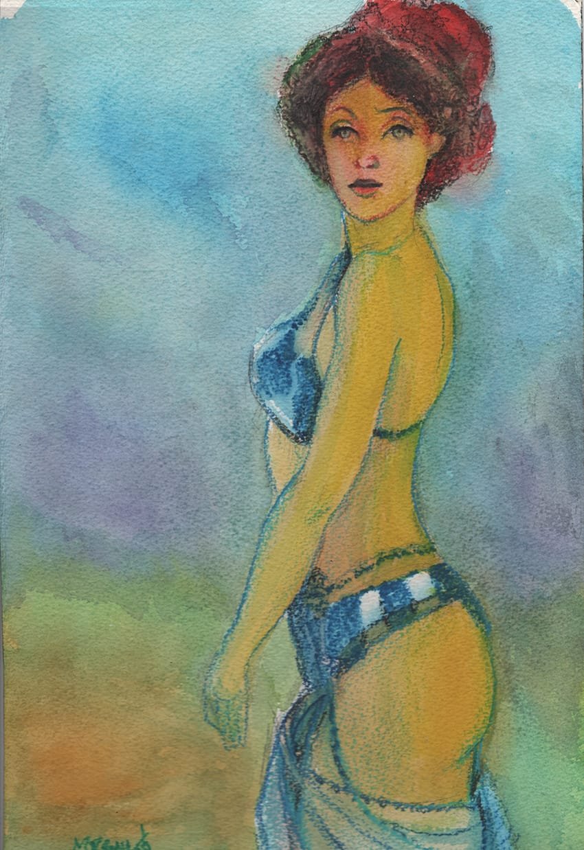 Elementos Principales: Sujeto: El dibujo presenta a una mujer joven, posiblemente una gitana, vestida con un atuendo colorido. Su postura y expresión facial sugieren una mezcla de confianza y serenidad. Técnica: La obra parece estar realizada con acuarelas y lápices de colores. Las acuarelas se usan para crear un fondo suave y etéreo, mientras que los lápices de colores añaden detalles y contornos al sujeto. Colores: La paleta de colores es vibrante y armoniosa. Predominan los tonos azules y verdes en el fondo, mientras que el sujeto está representado en tonos cálidos de amarillo y naranja, con acentos de rojo en el cabello y azul en la ropa. Estilo y Técnica: Acuarelas: Las acuarelas proporcionan un fondo difuso y multicolor que añade una atmósfera de ensueño a la obra. Las transiciones suaves entre los colores crean una sensación de profundidad y espacio. Lápices de Colores: Los lápices de colores se utilizan para definir los contornos y detalles del sujeto, como los rasgos faciales, el cabello y el atuendo. La combinación de técnicas permite un contraste entre el fondo y el sujeto, haciendo que la figura destaque. Detalles y Expresión: Rasgos Faciales: La expresión de la mujer es serena y algo enigmática. Sus ojos parecen estar mirando hacia el espectador, lo que crea una conexión directa. Cabello y Vestimenta: El cabello está representado con detalles meticulosos, utilizando tonos oscuros y rojizos. La vestimenta es colorida y detallada, con énfasis en los patrones y texturas que sugieren un tejido tradicional. Simbolismo y Temática: Tema Gitano: Si bien el título sugiere que podría ser una gitana, la obra evoca una sensación de libertad y conexión con la naturaleza. La figura parece estar en movimiento, lo que podría simbolizar el espíritu nómada y libre asociado con la cultura gitana. Fondo Etereo: El fondo abstracto y colorido podría representar un entorno natural o simplemente un espacio emocional y psicológico que rodea al sujeto. Impresión General: Esta obra muestra una combinación hábil de técnicas de acuarela y lápices de colores. La figura central está bien definida y detallada, mientras que el fondo aporta una atmósfera suave y soñadora. La elección de colores y la expresión del sujeto transmiten una sensación de tranquilidad y misticismo.